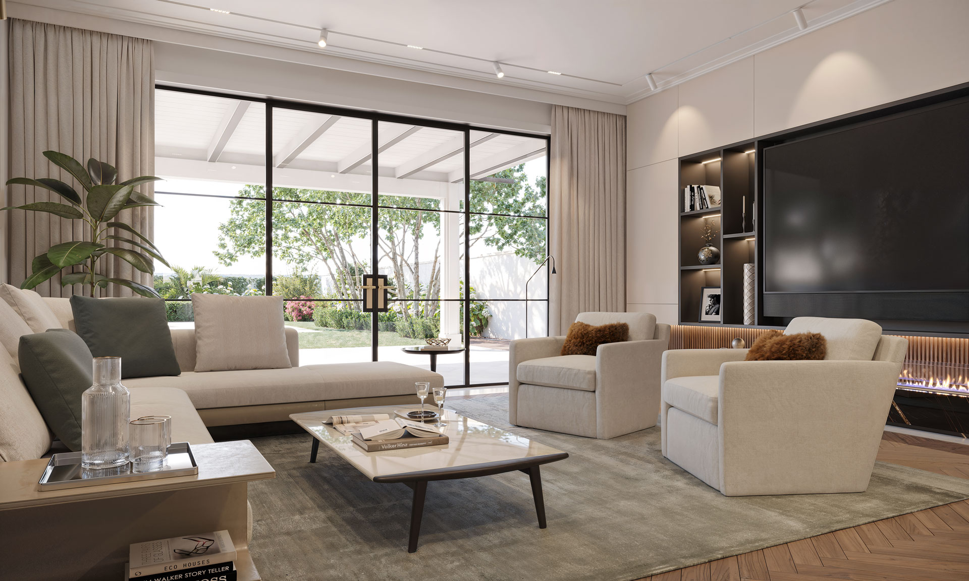 Calabasas Residence — Wohnzimmer mit Polstermöbeln, Teppich und abgestimmter Lichtplanung